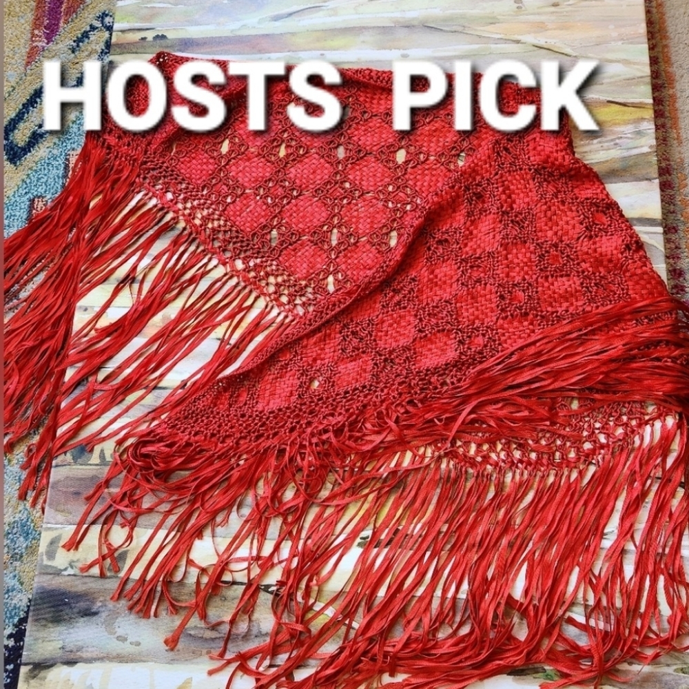 90s RIBBON Fringe Wrap RED Holiday Anthro Granny RARE HTF Shoulder Shawl Scarf